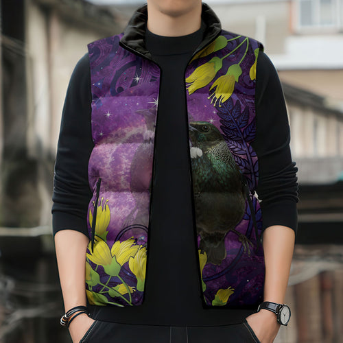 New Zealand Tui Bird Matariki Sleeveless Puffer Jacket Kowhai Flower Silver Fern Galaxy Maori Pattern