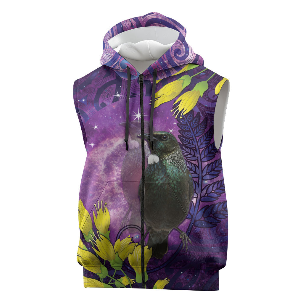 New Zealand Tui Bird Matariki Sleeveless Zip Hoodie Kowhai Flower Silver Fern Galaxy Maori Pattern