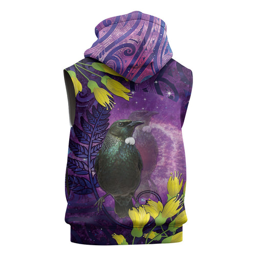 New Zealand Tui Bird Matariki Sleeveless Zip Hoodie Kowhai Flower Silver Fern Galaxy Maori Pattern