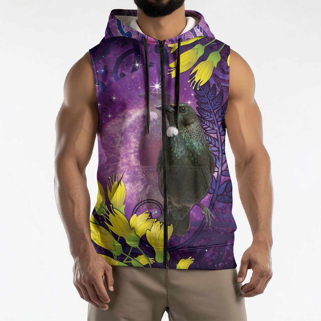 New Zealand Tui Bird Matariki Sleeveless Zip Hoodie Kowhai Flower Silver Fern Galaxy Maori Pattern