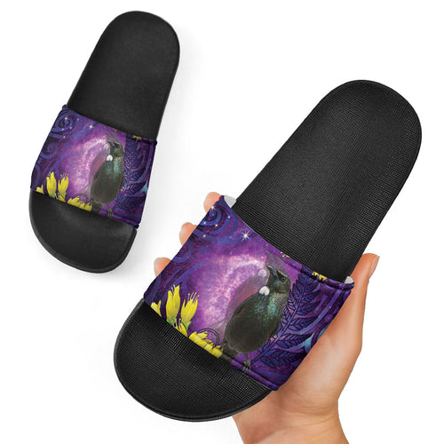 New Zealand Tui Bird Matariki Slide Sandals Kowhai Flower Silver Fern Galaxy Maori Pattern