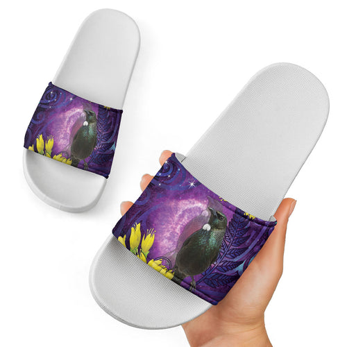 New Zealand Tui Bird Matariki Slide Sandals Kowhai Flower Silver Fern Galaxy Maori Pattern