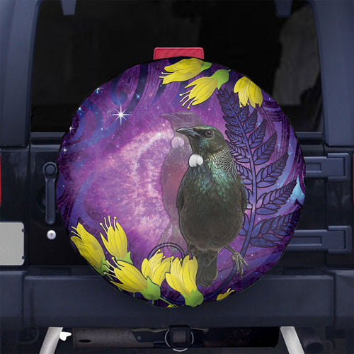 New Zealand Tui Bird Matariki Spare Tire Cover Kowhai Flower Silver Fern Galaxy Maori Pattern