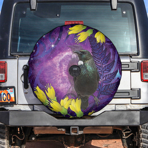 New Zealand Tui Bird Matariki Spare Tire Cover Kowhai Flower Silver Fern Galaxy Maori Pattern