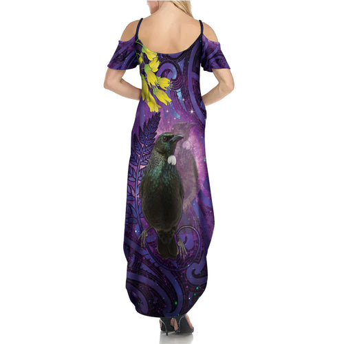 New Zealand Tui Bird Matariki Summer Maxi Dress Kowhai Flower Silver Fern Galaxy Maori Pattern