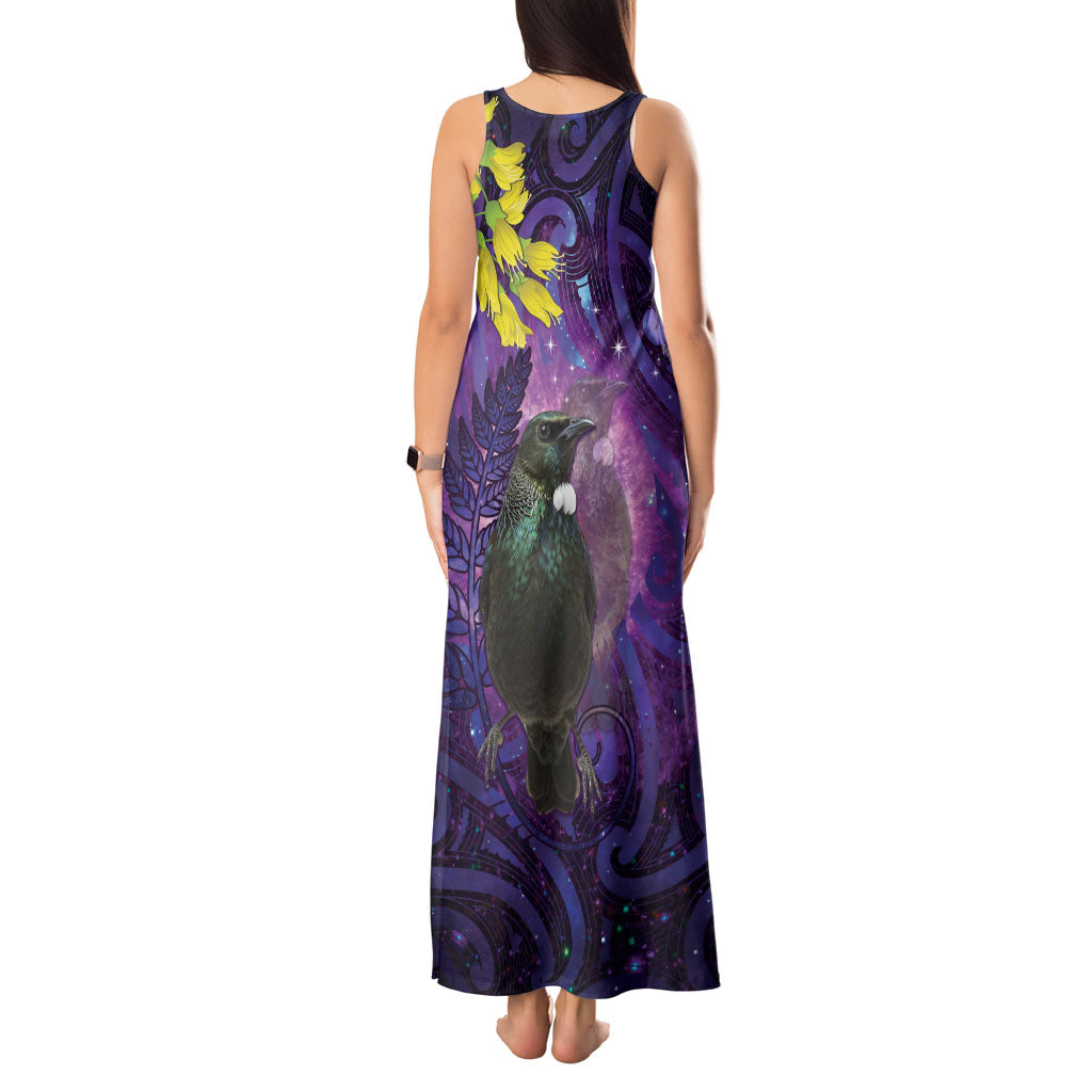 New Zealand Tui Bird Matariki Tank Maxi Dress Kowhai Flower Silver Fern Galaxy Maori Pattern
