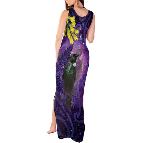 New Zealand Tui Bird Matariki Tank Maxi Dress Kowhai Flower Silver Fern Galaxy Maori Pattern