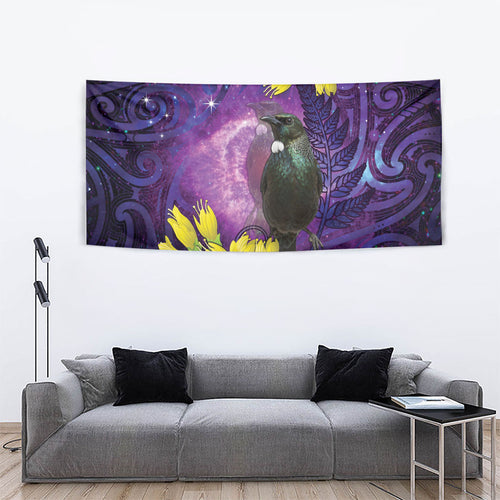 New Zealand Tui Bird Matariki Tapestry Kowhai Flower Silver Fern Galaxy Maori Pattern