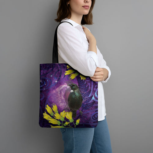 New Zealand Tui Bird Matariki Tote Bag Kowhai Flower Silver Fern Galaxy Maori Pattern