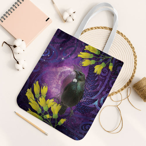 New Zealand Tui Bird Matariki Tote Bag Kowhai Flower Silver Fern Galaxy Maori Pattern