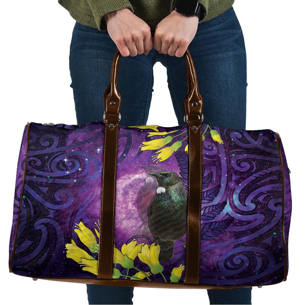 New Zealand Tui Bird Matariki Travel Bag Kowhai Flower Silver Fern Galaxy Maori Pattern