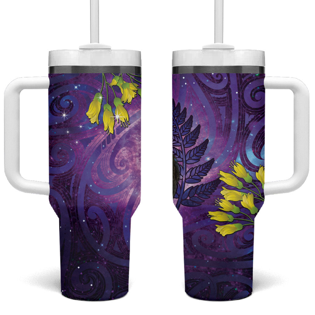 New Zealand Tui Bird Matariki Tumbler With Handle Kowhai Flower Silver Fern Galaxy Maori Pattern