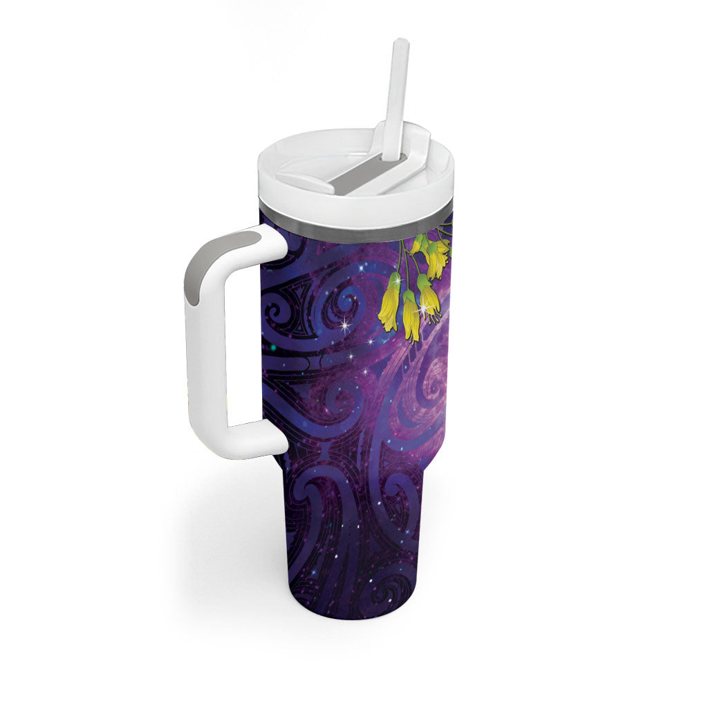 New Zealand Tui Bird Matariki Tumbler With Handle Kowhai Flower Silver Fern Galaxy Maori Pattern