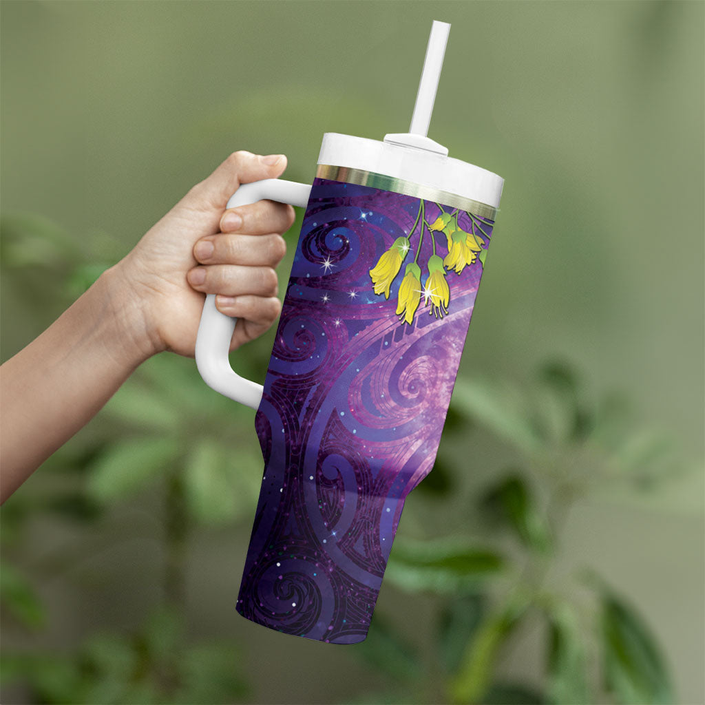 New Zealand Tui Bird Matariki Tumbler With Handle Kowhai Flower Silver Fern Galaxy Maori Pattern