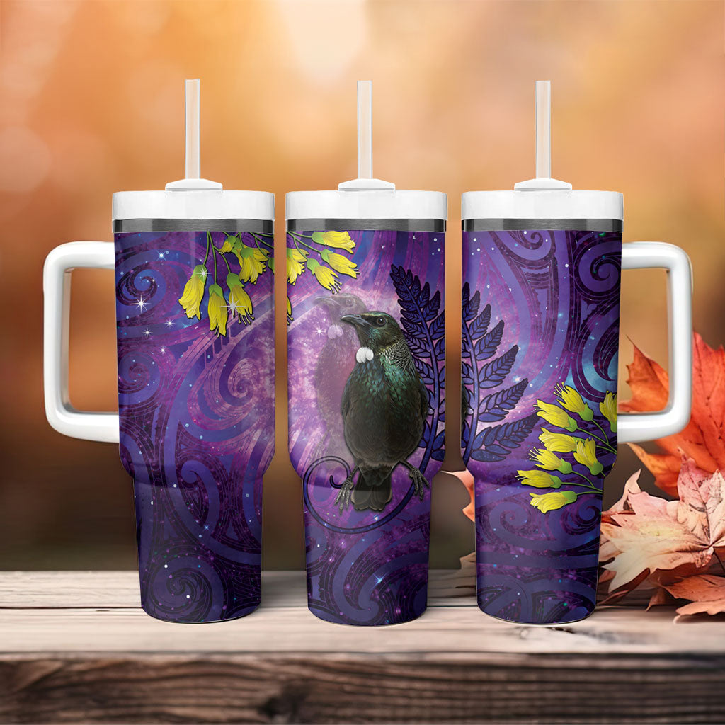 New Zealand Tui Bird Matariki Tumbler With Handle Kowhai Flower Silver Fern Galaxy Maori Pattern