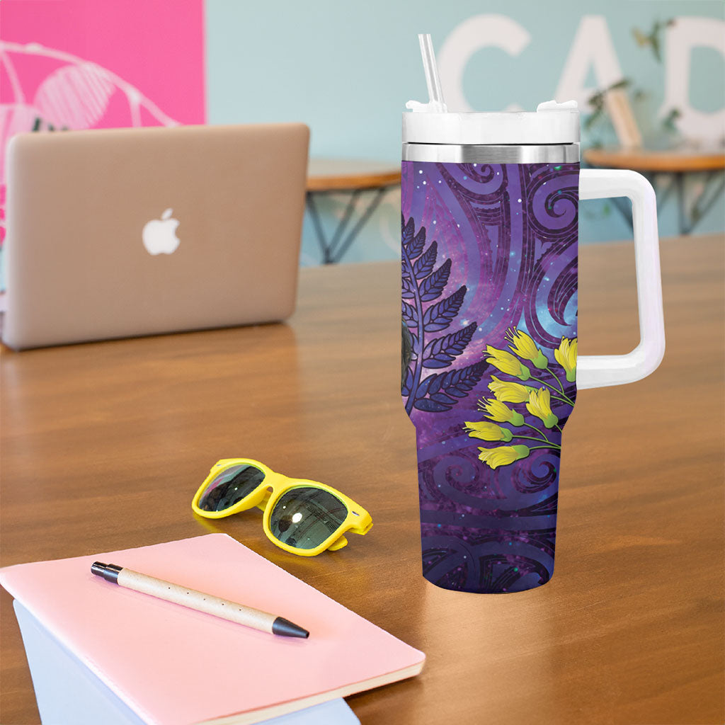 New Zealand Tui Bird Matariki Tumbler With Handle Kowhai Flower Silver Fern Galaxy Maori Pattern