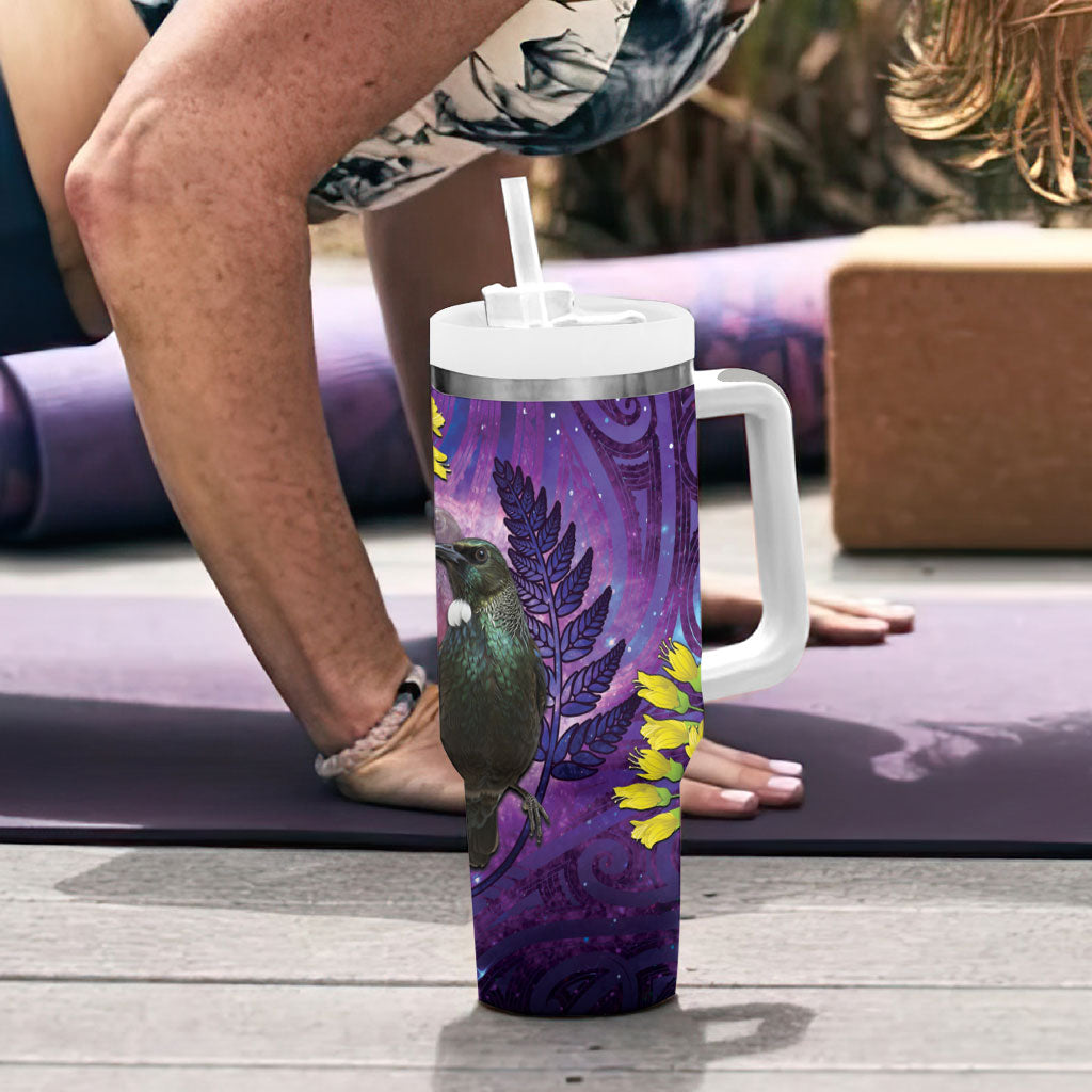New Zealand Tui Bird Matariki Tumbler With Handle Kowhai Flower Silver Fern Galaxy Maori Pattern
