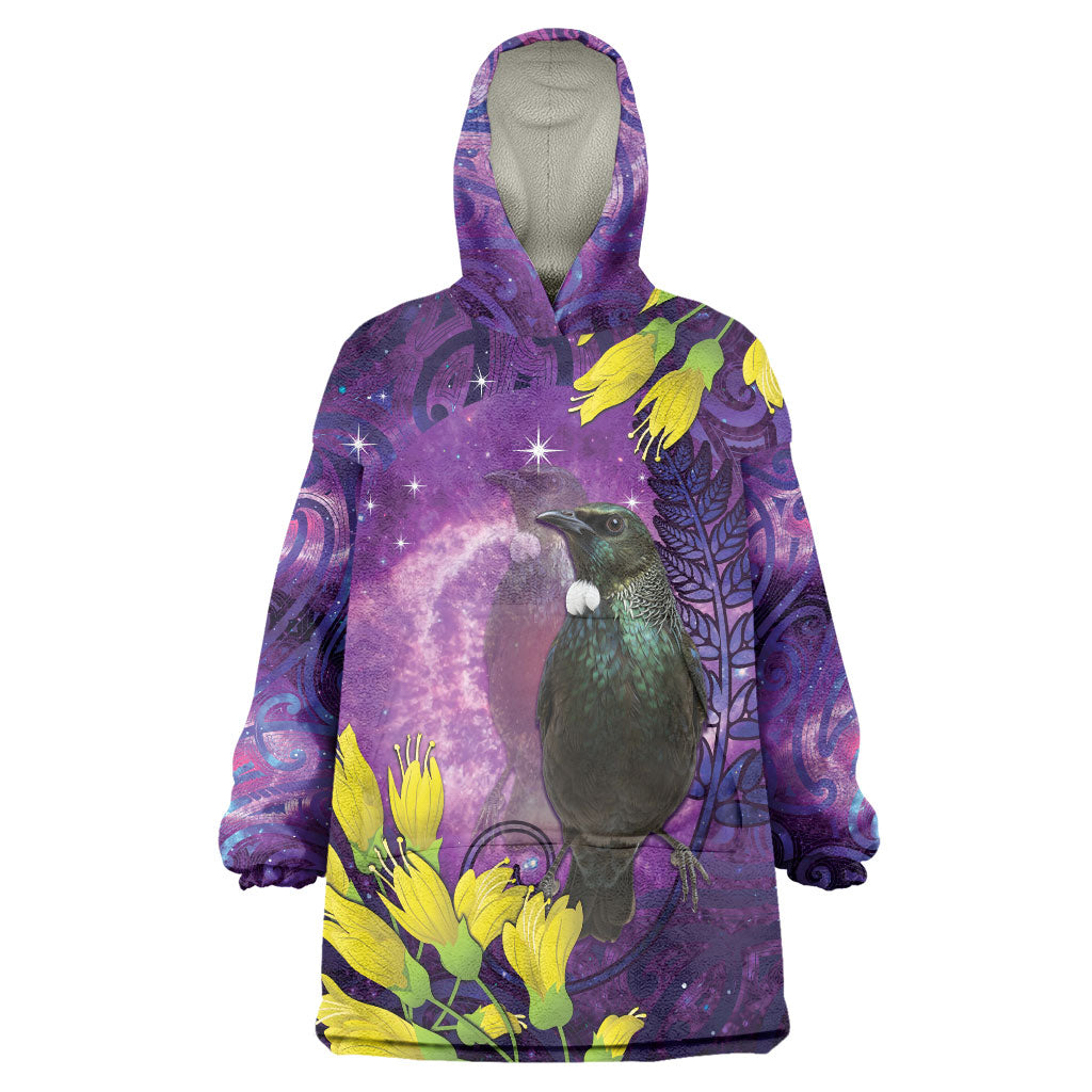 New Zealand Tui Bird Matariki Wearable Blanket Hoodie Kowhai Flower Silver Fern Galaxy Maori Pattern