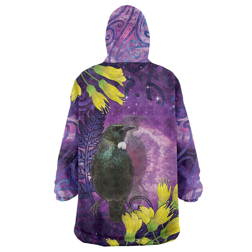 New Zealand Tui Bird Matariki Wearable Blanket Hoodie Kowhai Flower Silver Fern Galaxy Maori Pattern