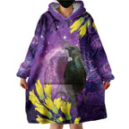 New Zealand Tui Bird Matariki Wearable Blanket Hoodie Kowhai Flower Silver Fern Galaxy Maori Pattern