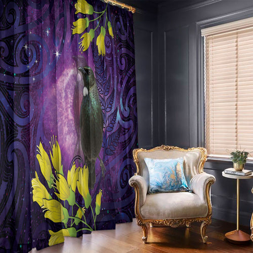 New Zealand Tui Bird Matariki Window Curtain Kowhai Flower Silver Fern Galaxy Maori Pattern