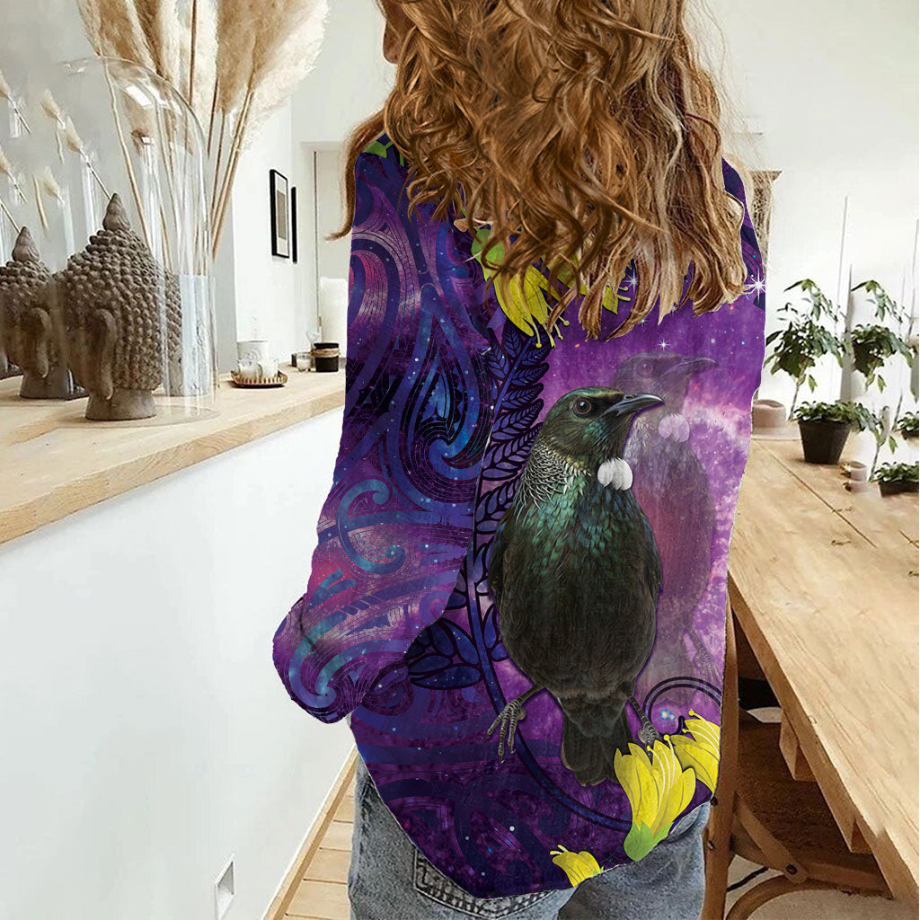 New Zealand Tui Bird Matariki Women Casual Shirt Kowhai Flower Silver Fern Galaxy Maori Pattern