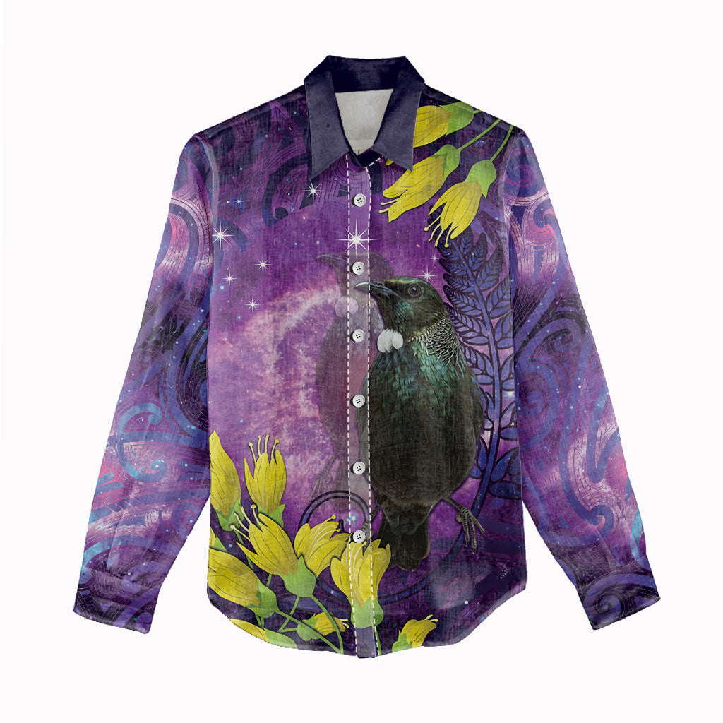 New Zealand Tui Bird Matariki Women Casual Shirt Kowhai Flower Silver Fern Galaxy Maori Pattern