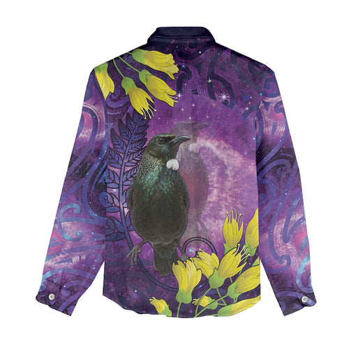 New Zealand Tui Bird Matariki Women Casual Shirt Kowhai Flower Silver Fern Galaxy Maori Pattern