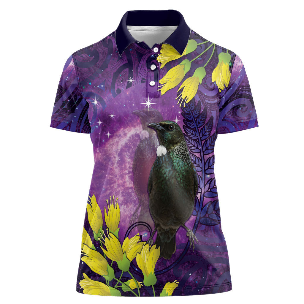 New Zealand Tui Bird Matariki Women Polo Shirt Kowhai Flower Silver Fern Galaxy Maori Pattern