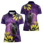 New Zealand Tui Bird Matariki Women Polo Shirt Kowhai Flower Silver Fern Galaxy Maori Pattern