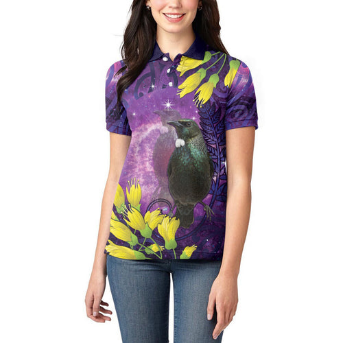 New Zealand Tui Bird Matariki Women Polo Shirt Kowhai Flower Silver Fern Galaxy Maori Pattern