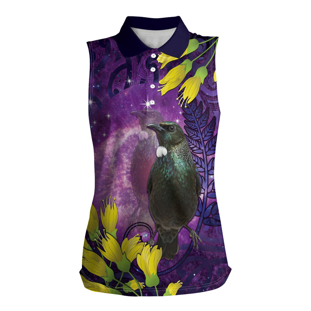 New Zealand Tui Bird Matariki Women Sleeveless Polo Shirt Kowhai Flower Silver Fern Galaxy Maori Pattern