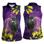 New Zealand Tui Bird Matariki Women Sleeveless Polo Shirt Kowhai Flower Silver Fern Galaxy Maori Pattern