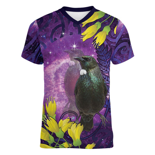 New Zealand Tui Bird Matariki Women V-Neck T-Shirt Kowhai Flower Silver Fern Galaxy Maori Pattern
