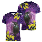 New Zealand Tui Bird Matariki Women V-Neck T-Shirt Kowhai Flower Silver Fern Galaxy Maori Pattern