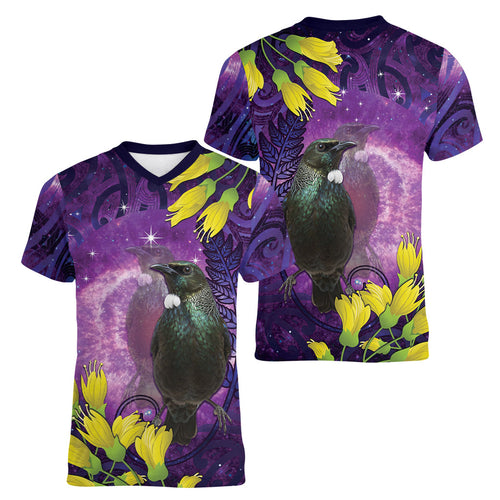 New Zealand Tui Bird Matariki Women V-Neck T-Shirt Kowhai Flower Silver Fern Galaxy Maori Pattern