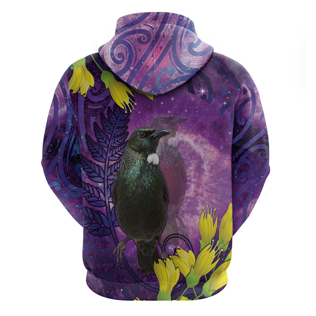 New Zealand Tui Bird Matariki Zip Hoodie Kowhai Flower Silver Fern Galaxy Maori Pattern