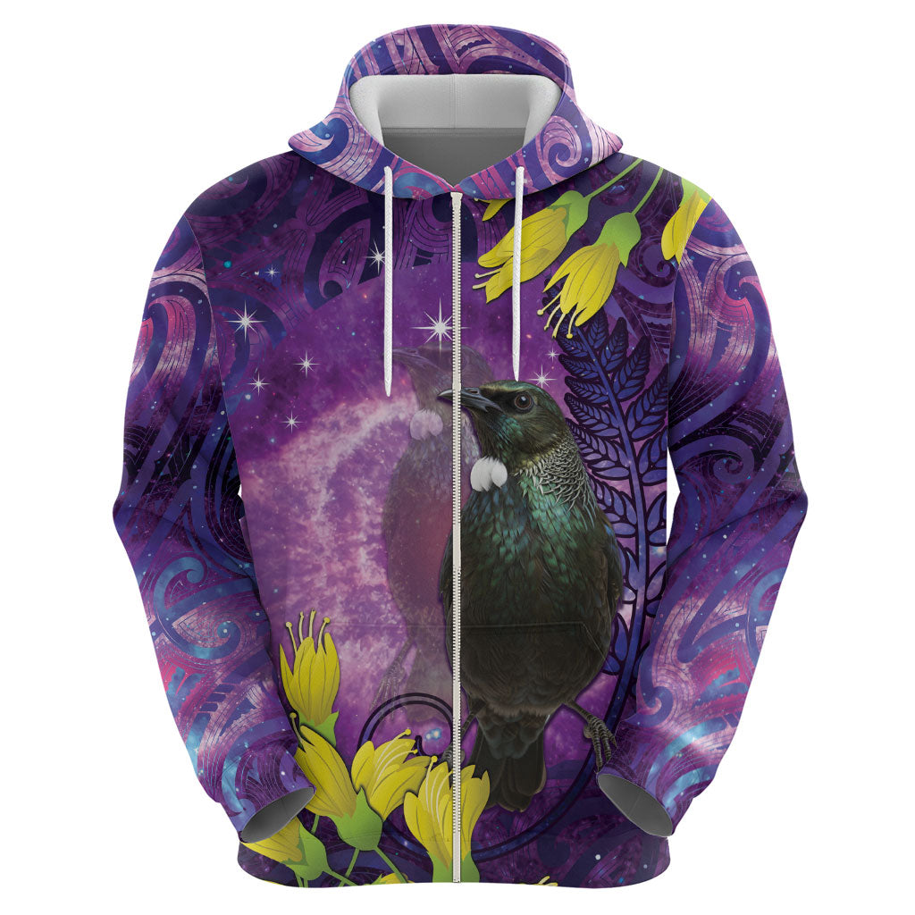 New Zealand Tui Bird Matariki Zip Hoodie Kowhai Flower Silver Fern Galaxy Maori Pattern