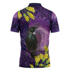 New Zealand Tui Bird Matariki Zipper Polo Shirt Kowhai Flower Silver Fern Galaxy Maori Pattern