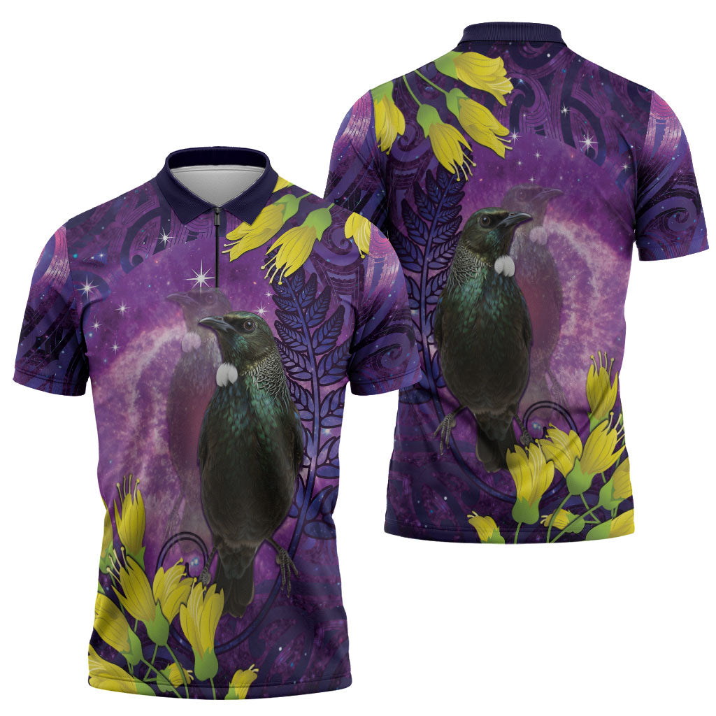 New Zealand Tui Bird Matariki Zipper Polo Shirt Kowhai Flower Silver Fern Galaxy Maori Pattern