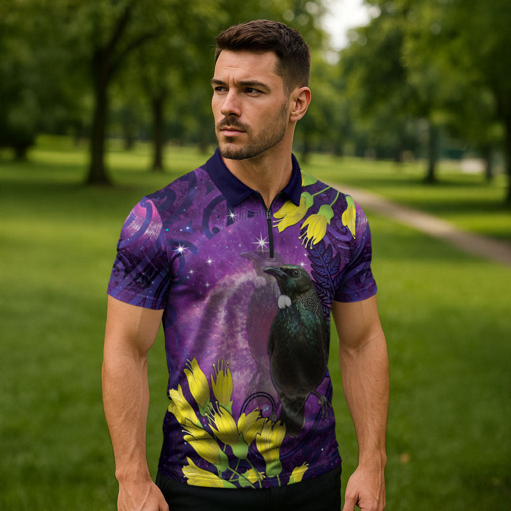 New Zealand Tui Bird Matariki Zipper Polo Shirt Kowhai Flower Silver Fern Galaxy Maori Pattern