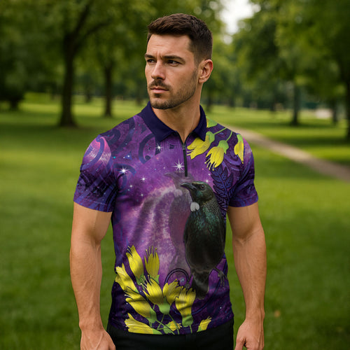 New Zealand Tui Bird Matariki Zipper Polo Shirt Kowhai Flower Silver Fern Galaxy Maori Pattern