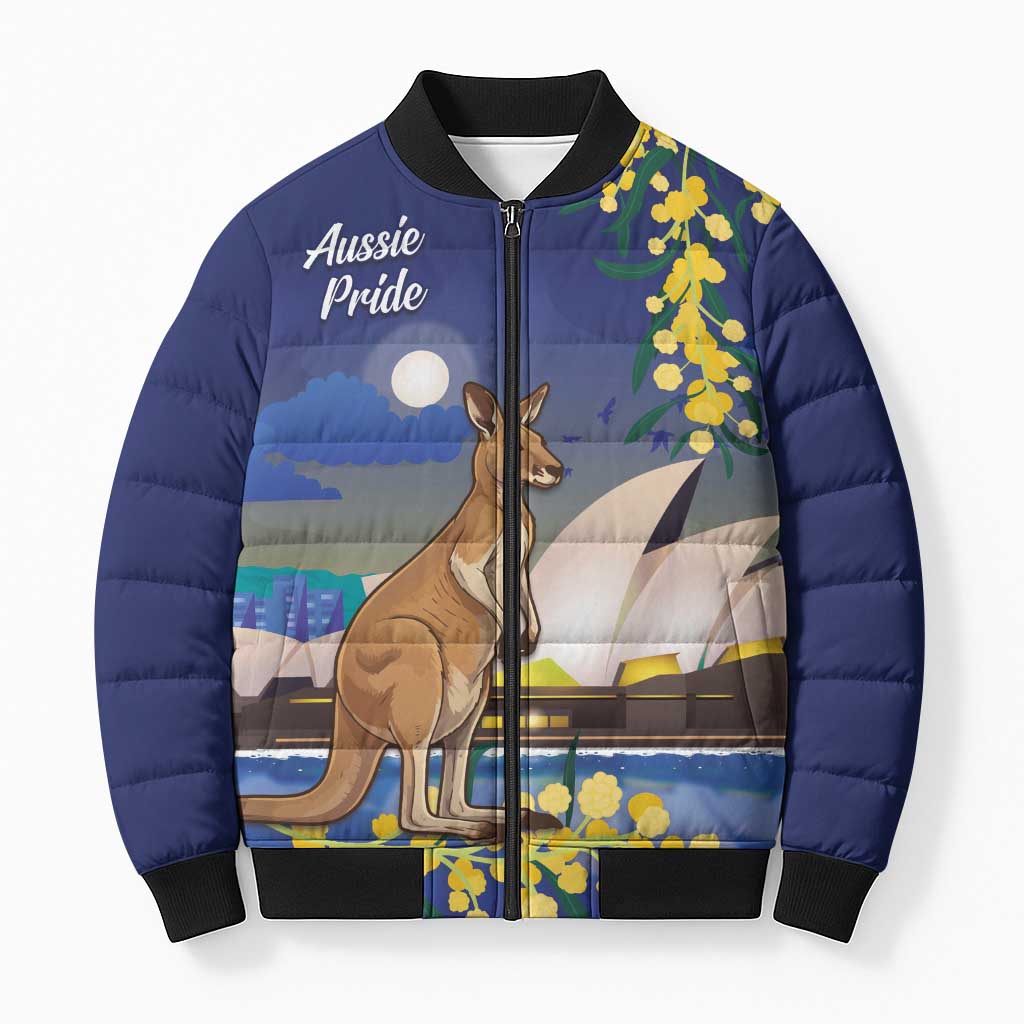 Kangaroo Australia Personalised Bomber Puffer Jacket Aussie Pride Golden Wattle Sydney Opera House