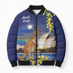 Kangaroo Australia Personalised Bomber Puffer Jacket Aussie Pride Golden Wattle Sydney Opera House