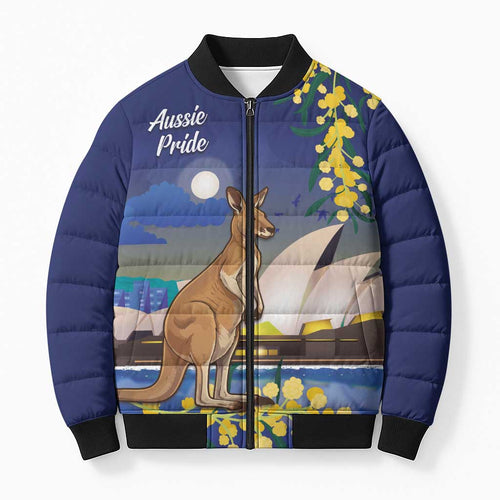 Kangaroo Australia Personalised Bomber Puffer Jacket Aussie Pride Golden Wattle Sydney Opera House