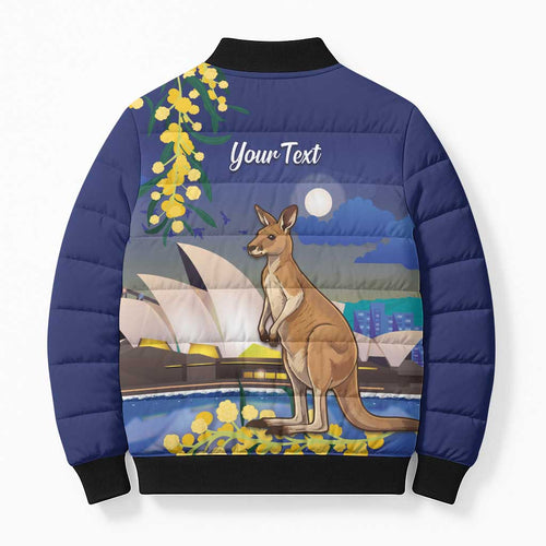 Kangaroo Australia Personalised Bomber Puffer Jacket Aussie Pride Golden Wattle Sydney Opera House