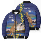 Kangaroo Australia Personalised Bomber Puffer Jacket Aussie Pride Golden Wattle Sydney Opera House