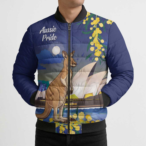 Kangaroo Australia Personalised Bomber Puffer Jacket Aussie Pride Golden Wattle Sydney Opera House