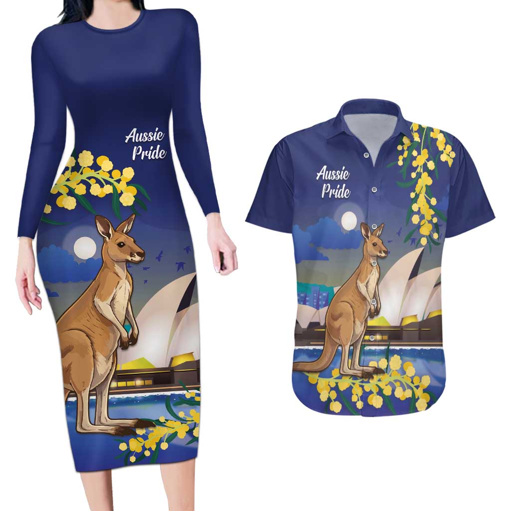 Kangaroo Australia Personalised Couples Matching Long Sleeve Bodycon Dress and Hawaiian Shirt Aussie Pride Golden Wattle Sydney Opera House