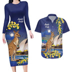 Kangaroo Australia Personalised Couples Matching Long Sleeve Bodycon Dress and Hawaiian Shirt Aussie Pride Golden Wattle Sydney Opera House